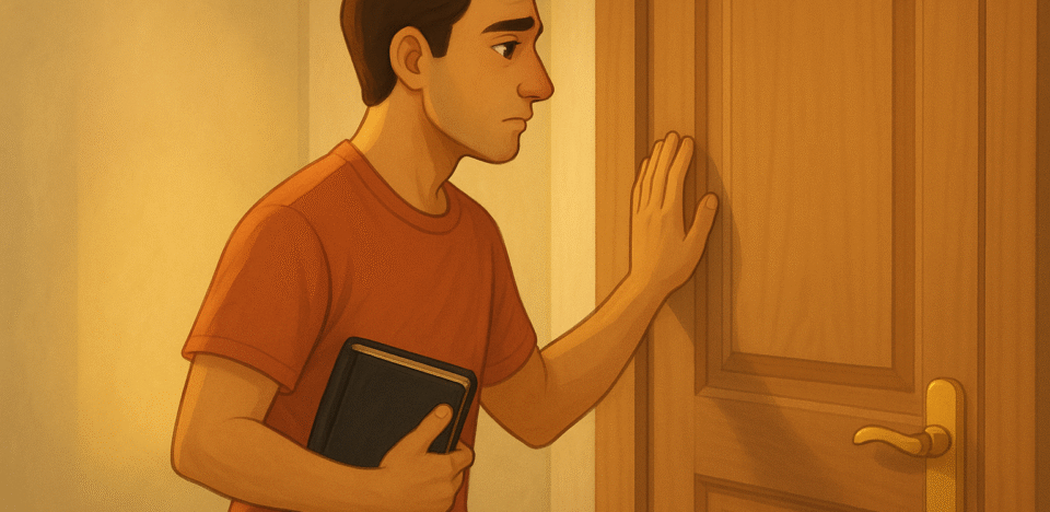 Jovem sem esperança diante de uma porta fechada. Ele acha que o problema está nele e que não se esforçou o suficiente.