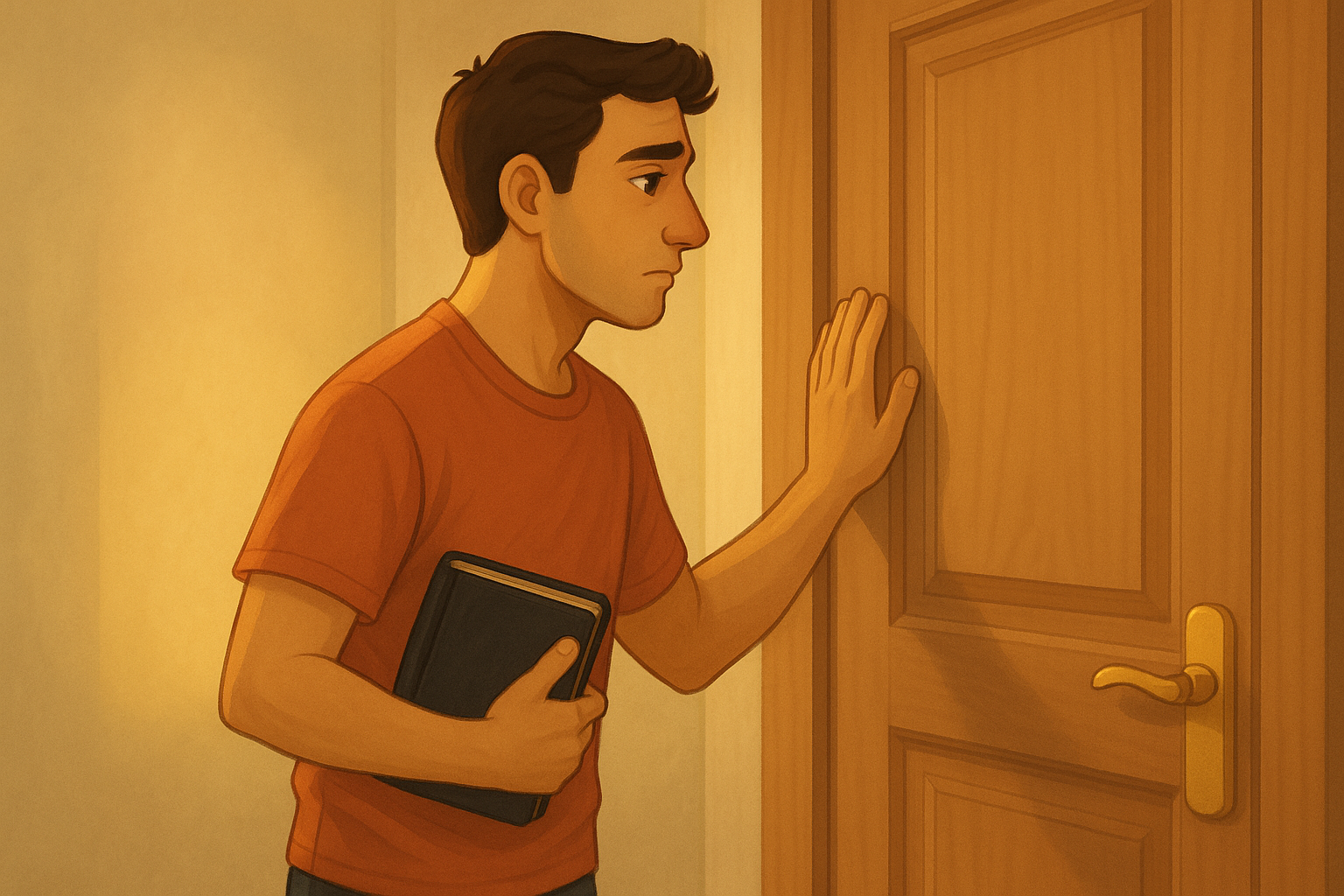 Jovem sem esperança diante de uma porta fechada. Ele acha que o problema está nele e que não se esforçou o suficiente.