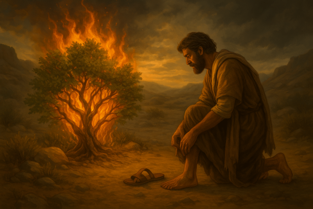 Uma cena com Moisés em postura de reverência, tirando as sandálias diante da sarça, que continua queimando, mas não se consome. A paisagem ao redor pode ser árida, mas a luz da sarça ilumina a cena, trazendo um contraste entre o comum e o sagrado.
