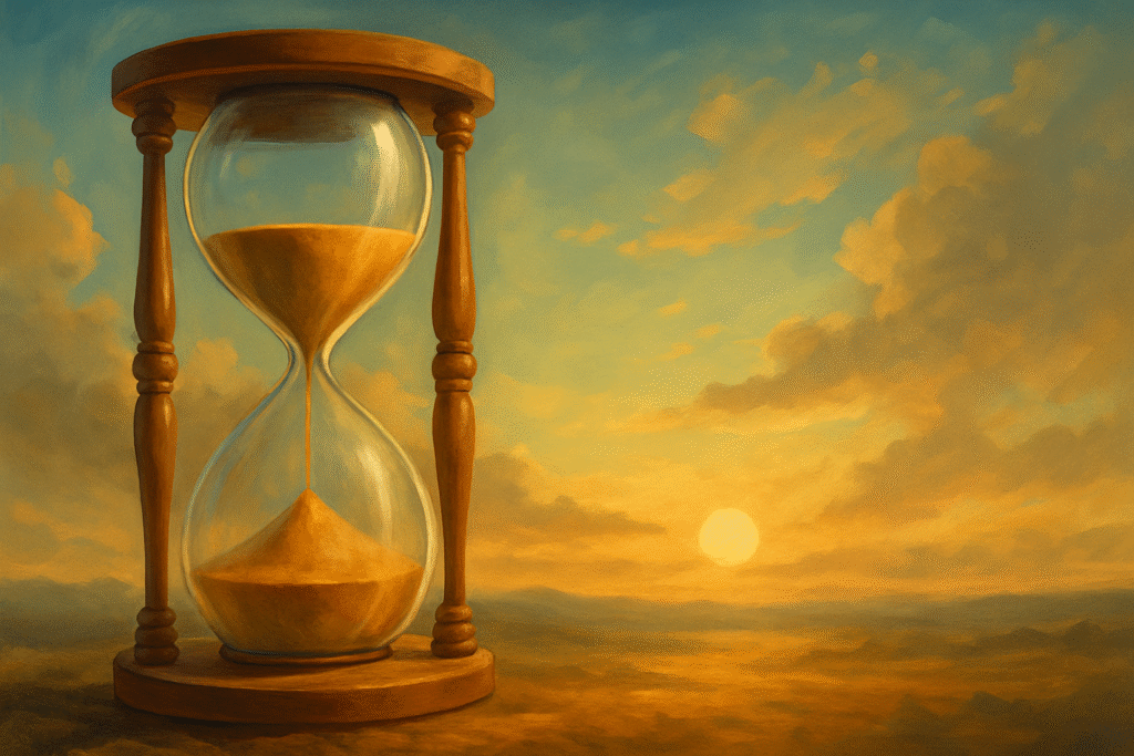 Pintura digital que representa a passagem do tempo, com uma ampulheta em destaque e uma paisagem de céu ao fundo, simbolizando reflexão e propósito.