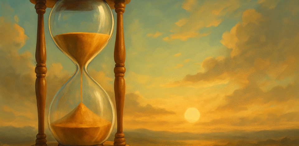 Pintura digital que representa a passagem do tempo, com uma ampulheta em destaque e uma paisagem de céu ao fundo, simbolizando reflexão e propósito.