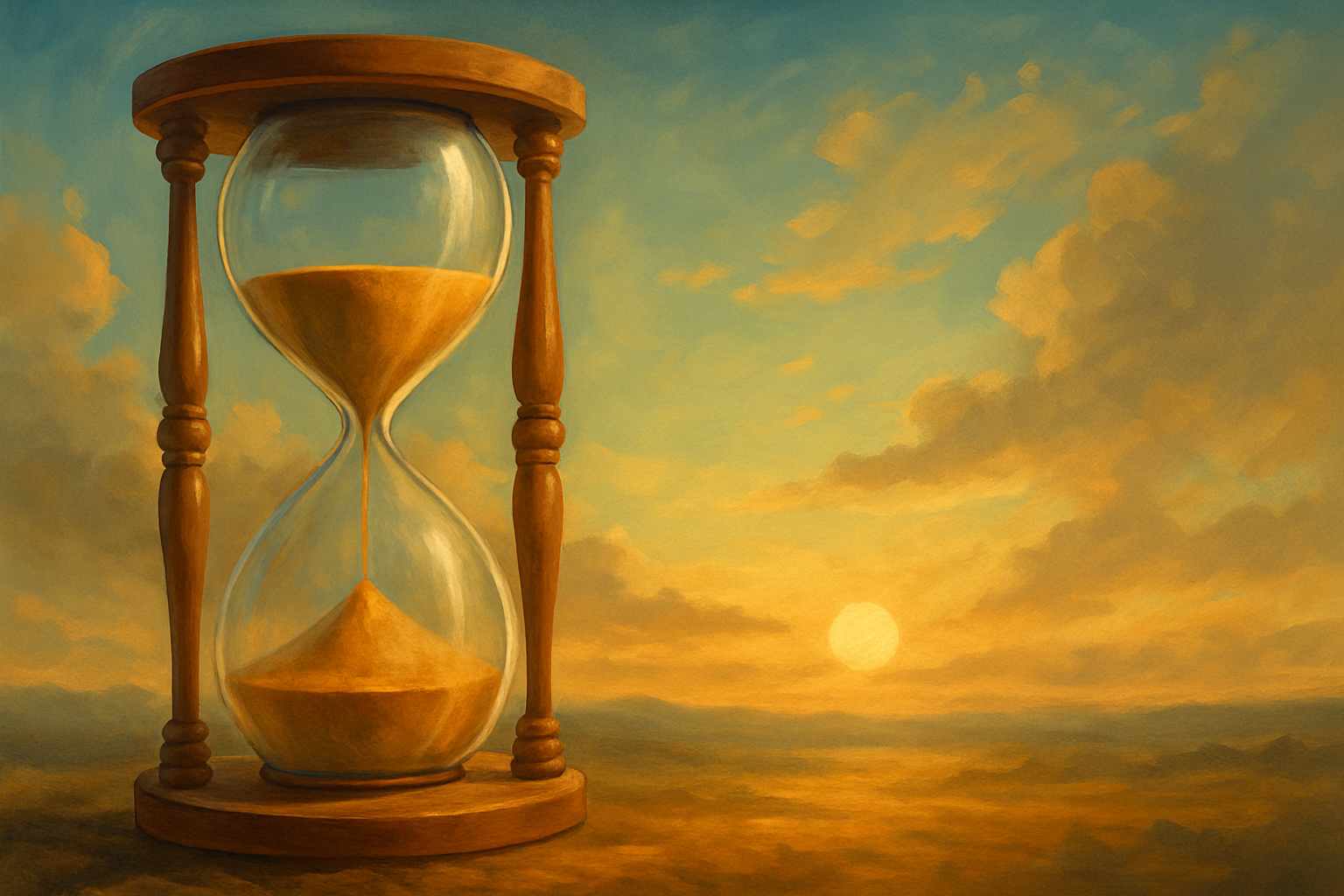 Pintura digital que representa a passagem do tempo, com uma ampulheta em destaque e uma paisagem de céu ao fundo, simbolizando reflexão e propósito.