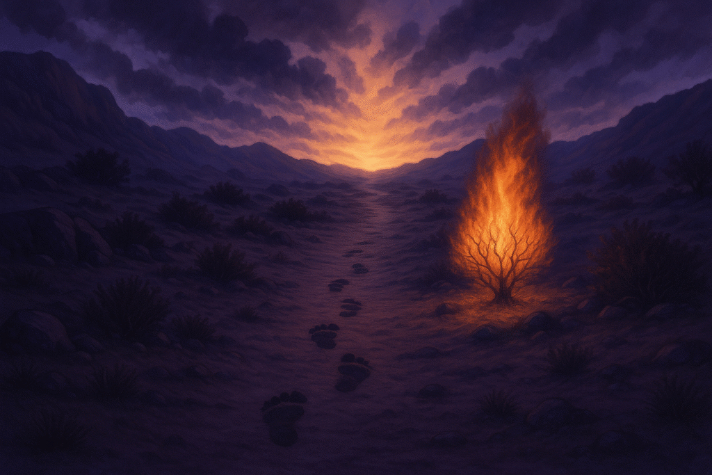 Uma estrada no deserto, com pegadas que começam na direção da sarça ardente (que aparece pequena e distante no horizonte) e seguem rumo a um caminho iluminado por uma luz dourada no céu, representando o propósito, o chamado e a missão que Deus entrega. O cenário transmite esperança, direção e propósito, com o deserto ficando para trás e a luz apontando o caminho à frente.