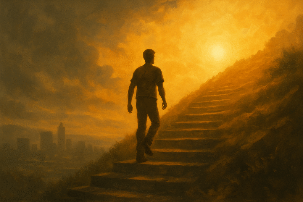 Silhueta subindo uma escada ou montanha: A figura de uma pessoa subindo, deixando para trás uma cidade ou lugar sombrio, e seguindo rumo a um topo iluminado, representando evolução, progresso e superação.