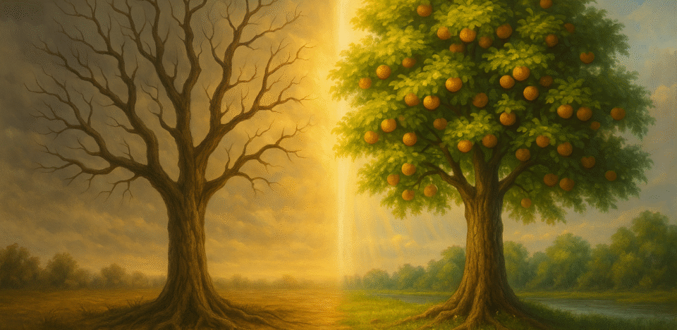 Uma árvore seca, cheia de galhos, mas sem frutos — representando uma vida de muita ocupação, mas sem resultados reais — do lado esquerdo. E do lado direito, a mesma árvore agora verde, frondosa e carregada de frutos, simbolizando uma vida que frutifica, gera impacto e cumpre o propósito de Deus. Entre essas duas cenas, uma luz suave divide e faz a transição do seco para o frutífero. No céu, raios de luz rompem as nuvens, trazendo a sensação de direção divina.