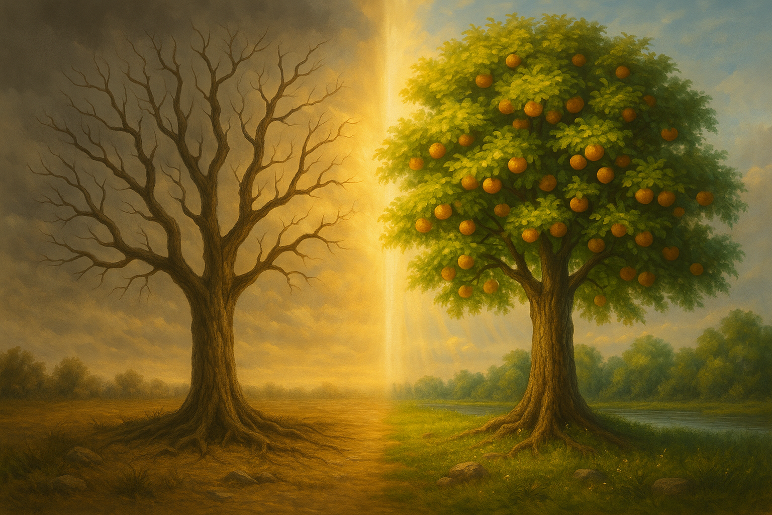 Uma árvore seca, cheia de galhos, mas sem frutos — representando uma vida de muita ocupação, mas sem resultados reais — do lado esquerdo. E do lado direito, a mesma árvore agora verde, frondosa e carregada de frutos, simbolizando uma vida que frutifica, gera impacto e cumpre o propósito de Deus. Entre essas duas cenas, uma luz suave divide e faz a transição do seco para o frutífero. No céu, raios de luz rompem as nuvens, trazendo a sensação de direção divina.