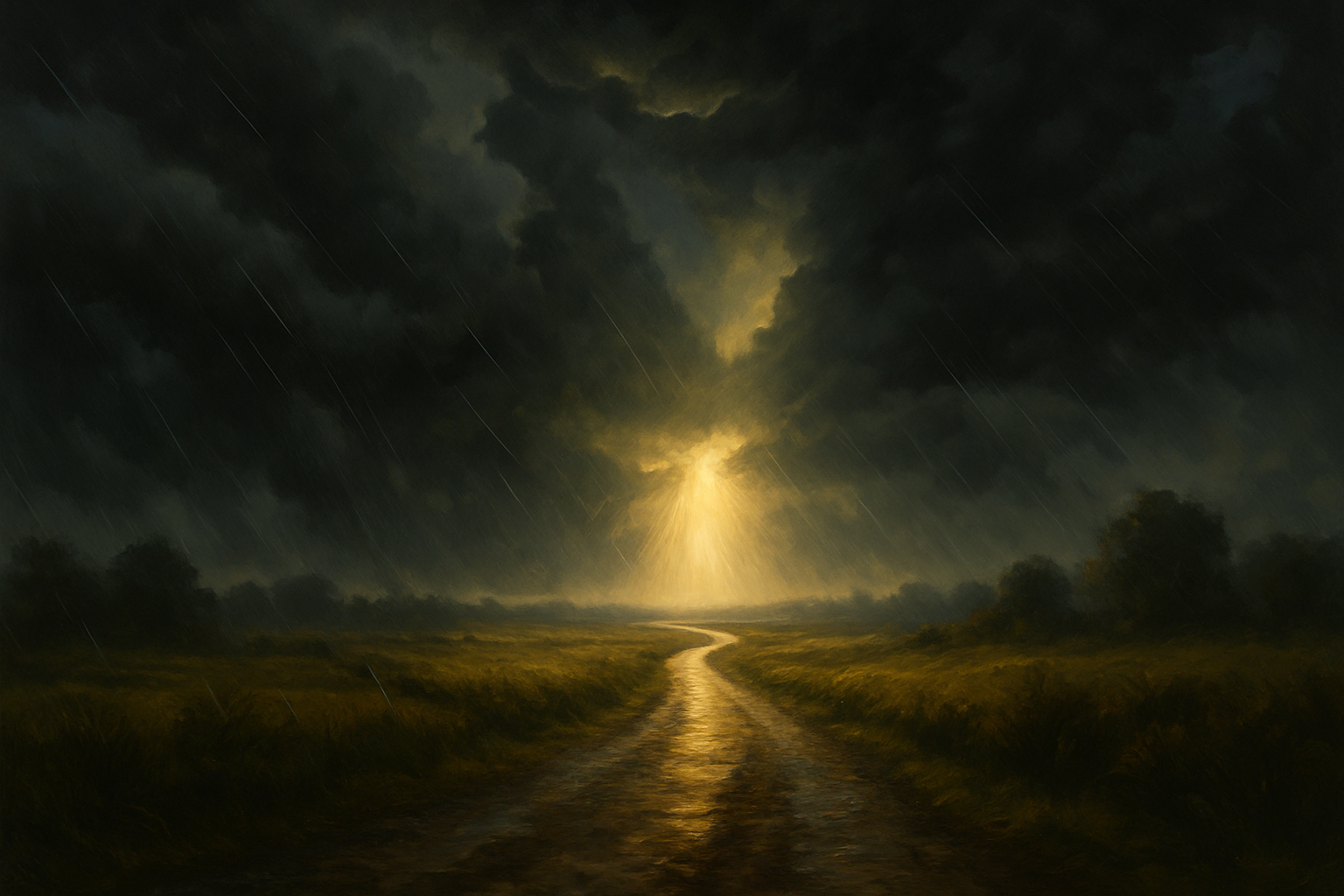 Uma estrada cercada de nuvens escuras, tempestade, mas no horizonte aparece um feixe de luz, representando a esperança e a vitória de Jesus sobre as dificuldades.