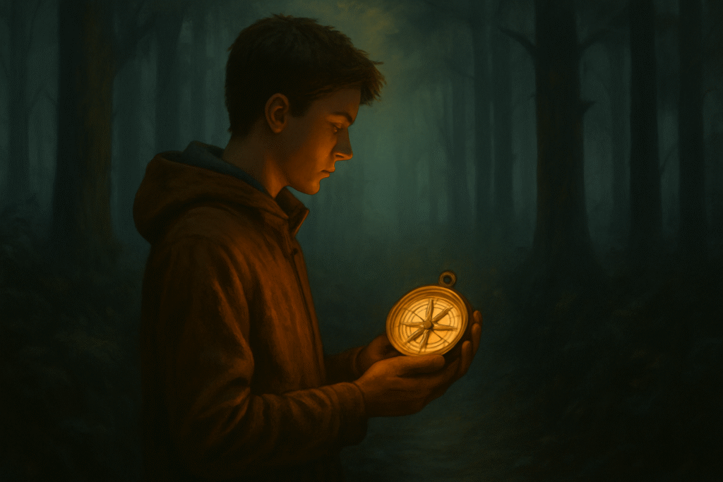 Uma pessoa segurando uma bússola iluminada, cercada por uma floresta escura e nebulosa. A bússola brilha, representando a direção e clareza que vem de Deus em meio às incertezas da vida.
