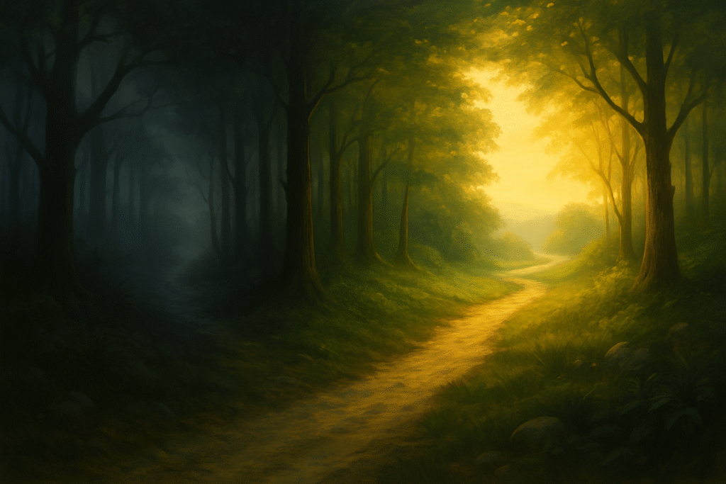 Uma trilha no meio de uma floresta, onde, no início, tudo está escuro e nebuloso, mas à medida que a trilha avança, a luz começa a aparecer, iluminando o caminho e revelando uma paisagem linda e cheia de vida. Representa o caminho de quem escolhe crescer, se fortalecer e caminhar com Deus, saindo das trevas para a luz.