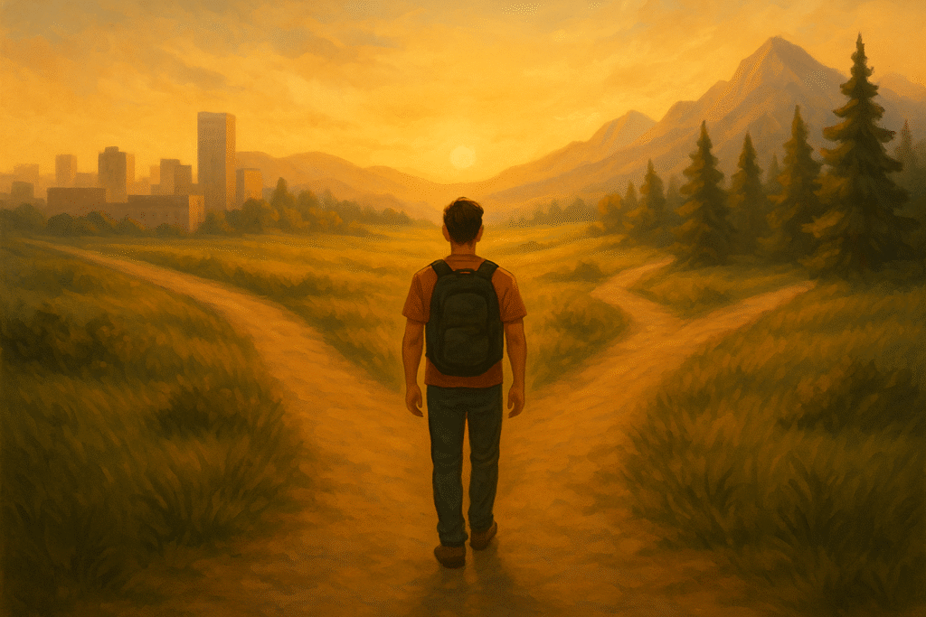 Homem caminhando por estrada que se divide entre cidade e natureza, simbolizando a escolha entre viver no automático ou com intenção — Romanos 12:2.
