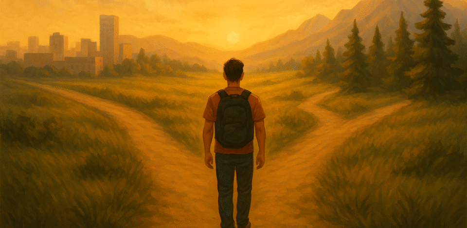 Homem caminhando por estrada que se divide entre cidade e natureza, simbolizando a escolha entre viver no automático ou com intenção — Romanos 12:2.