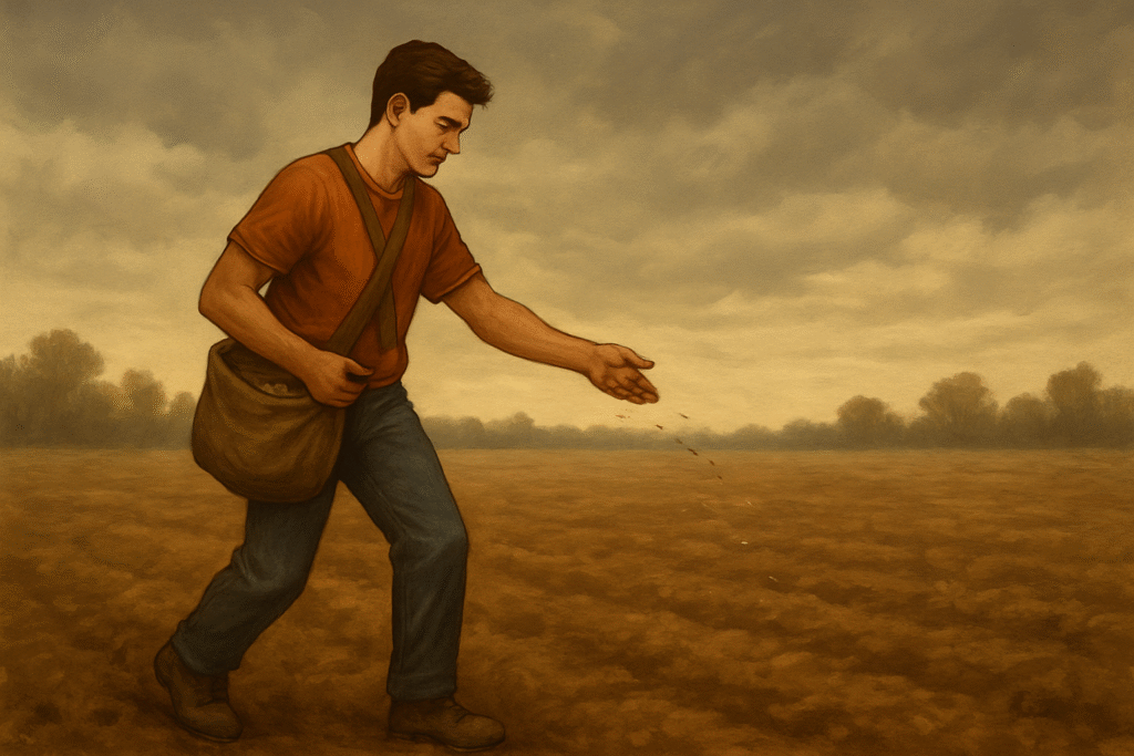 Homem semeando num campo vazio, com céu nublado, simbolizando o esforço contínuo mesmo sem resultados imediatos.