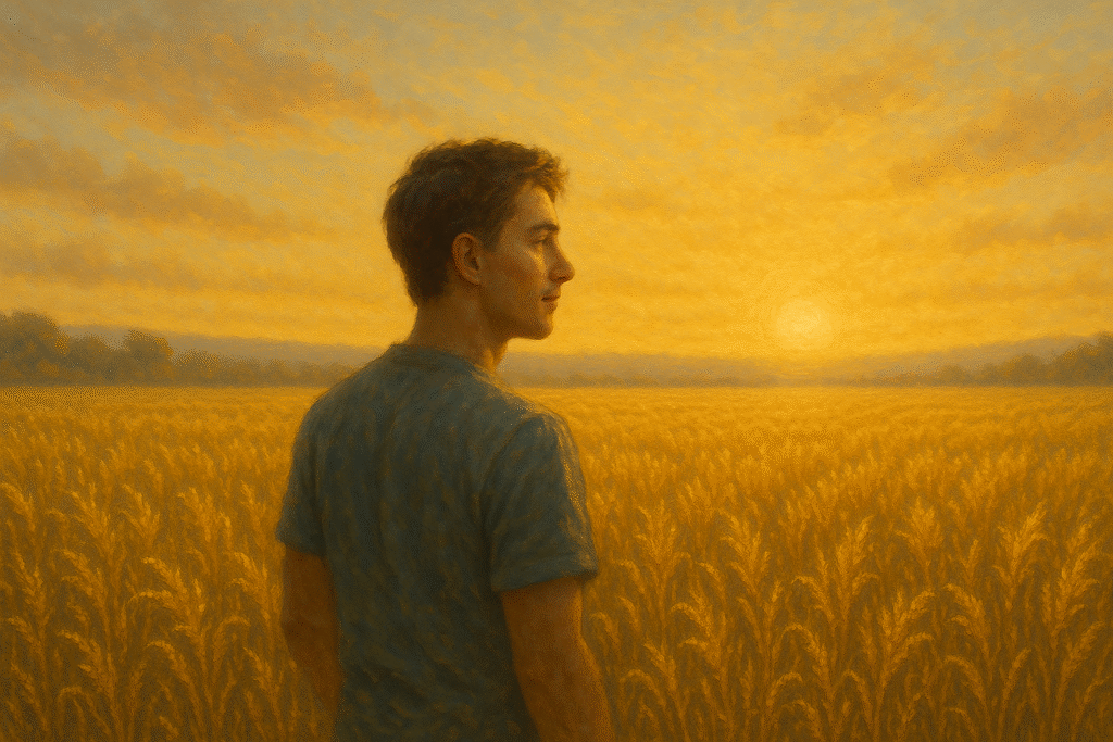 A mesma pessoa, agora em um campo vasto e ensolarado, olhando para uma colheita abundante e bonita ao nascer do sol. A imagem evoca paz, realização e a recompensa da constância positiva.