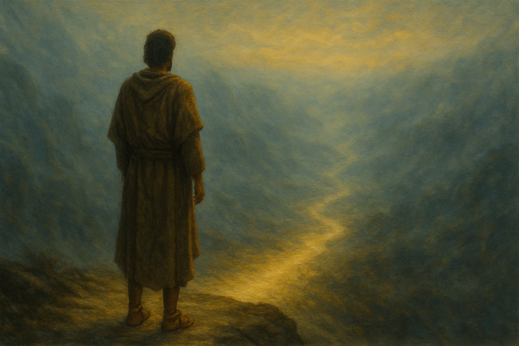 Um homem com vestes de viajante antigo, de costas, na beira de um precipício ou colina. Ele olha para uma terra vasta e desconhecida, coberta por névoa. Aos seus pés, um caminho de luz se forma, iluminando apenas os primeiros passos da jornada.