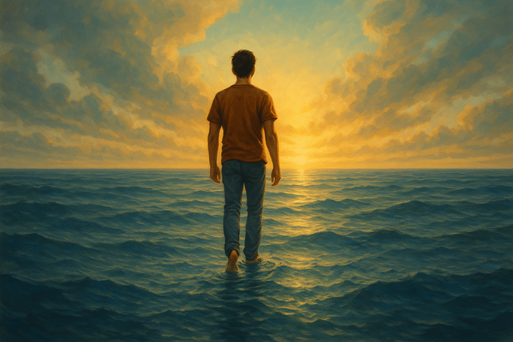 Um jovem caminhando sobre as águas em direção a um horizonte infinito, onde o céu e o mar se encontram. A ideia é simbolizar o ato de confiar, se aprofundar e ir além dos próprios limites, representando visualmente fé, coragem e transformação.