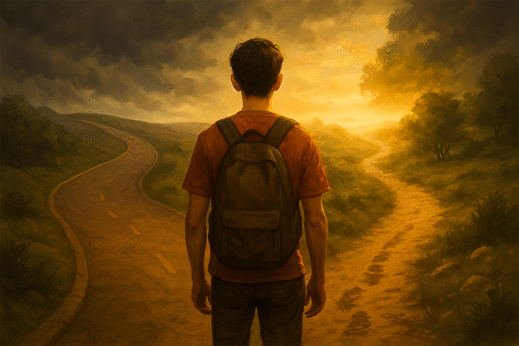 Um jovem parado diante de duas estradas bem distintas: uma estrada larga, pavimentada, bonita, mas que leva a um horizonte nublado; e uma estrada estreita, de terra, cheia de desafios, mas que leva a um horizonte iluminado, cheio de luz. O jovem está pensativo, olhando para as opções, como quem entende que não dá pra continuar em cima do muro.