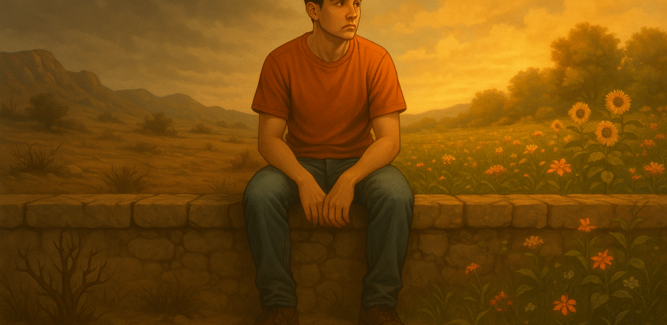 Um jovem sentado literalmente "em cima de um muro". De um lado do muro, há um ambiente seco, árido, sombrio e sem vida, representando estagnação, frieza espiritual e omissão. Do outro lado, um campo vivo, florido, cheio de luz, com natureza vibrante, representando vida, comunhão com Deus, abundância espiritual e propósito. O jovem está com uma expressão de dúvida, incerteza, olhando para os dois lados, como quem precisa tomar uma decisão — descer para um dos lados.