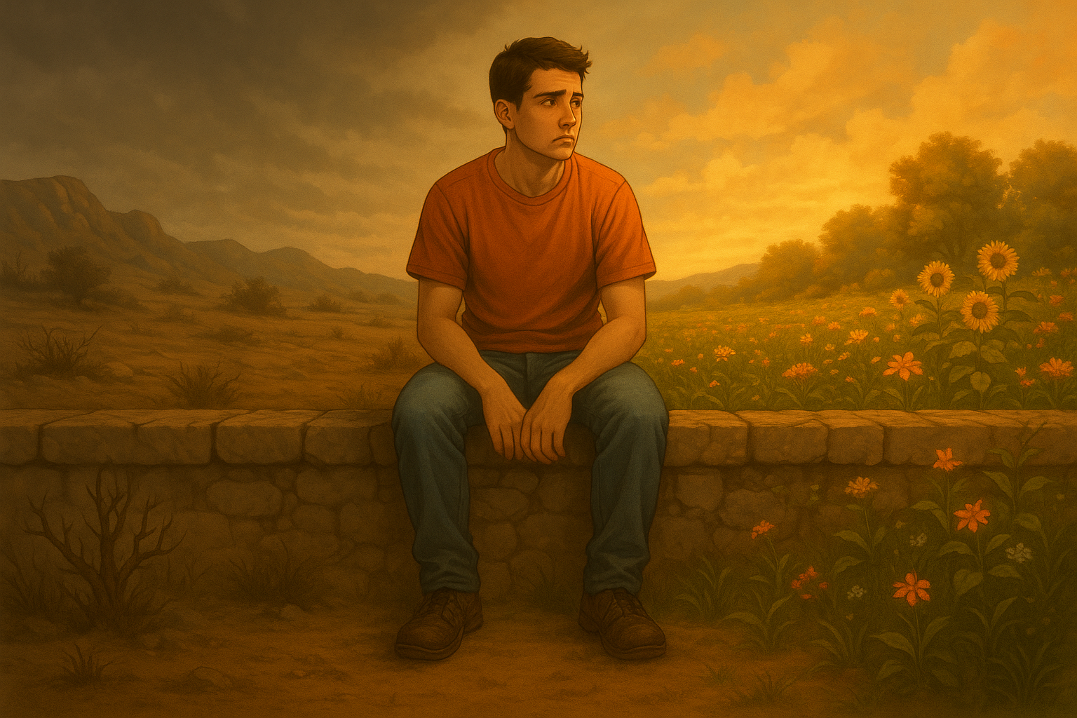 Um jovem sentado literalmente "em cima de um muro". De um lado do muro, há um ambiente seco, árido, sombrio e sem vida, representando estagnação, frieza espiritual e omissão. Do outro lado, um campo vivo, florido, cheio de luz, com natureza vibrante, representando vida, comunhão com Deus, abundância espiritual e propósito. O jovem está com uma expressão de dúvida, incerteza, olhando para os dois lados, como quem precisa tomar uma decisão — descer para um dos lados.