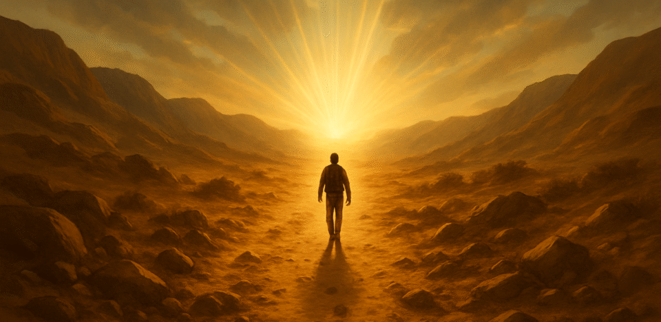 Uma estrada no meio de um deserto, longa, cheia de pedras, mas que lá no horizonte revela uma luz forte, vibrante, como se o céu estivesse se abrindo. No meio do caminho, há uma silhueta de uma pessoa caminhando em direção a essa luz, representando quem está no processo, mas não desistiu da promessa.