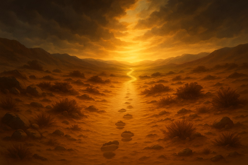 Uma estrada no meio do deserto, com o horizonte mostrando uma terra verdejante e promissora ao fundo, representando a promessa. No primeiro plano, ainda há pedras, areia e dificuldade, simbolizando o deserto. No caminho, algumas pegadas, simbolizando a jornada. O céu pode ter uma transição: escuro e nublado sobre o deserto, clareando em direção à promessa, indicando esperança e direção.