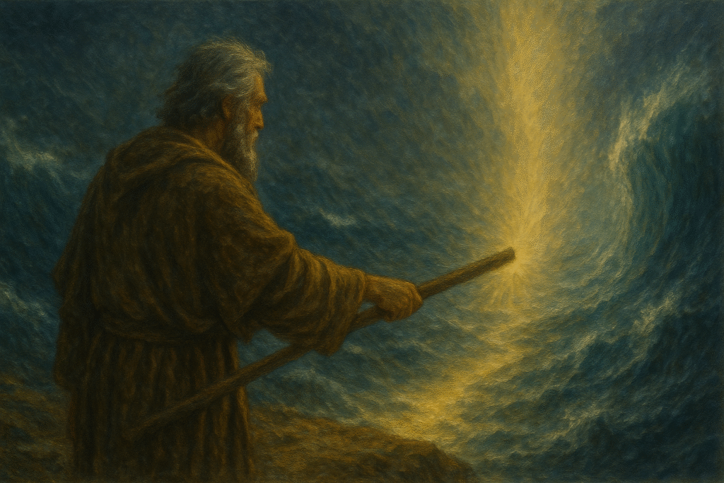 Uma imagem focada na ação de Moisés estendendo seu cajado sobre as águas de um mar agitado. No ponto onde o cajado aponta, uma luz divina emana e as águas começam a se dividir, capturando o momento exato em que a obediência humana ativa o poder sobrenatural de Deus.