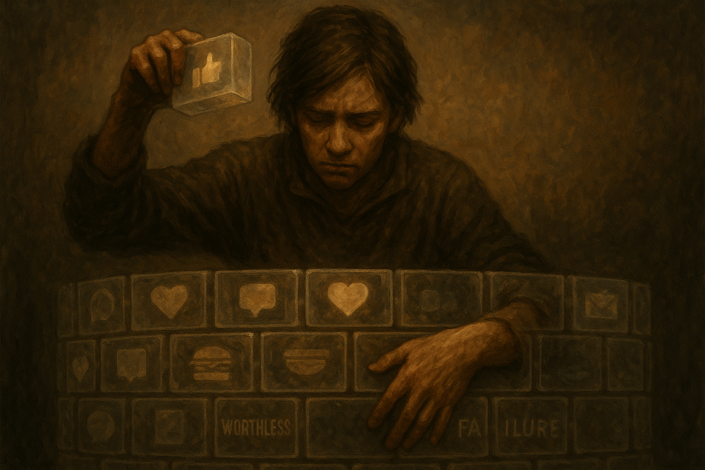 Uma imagem poderosa e emocional de uma pessoa construindo um muro ao redor de si mesma, tijolo por tijolo. Cada tijolo é translúcido, mostrando distrações (ícones de redes sociais, comida, palavras negativas). A expressão é de resignação, mostrando a natureza autoinfligida daquela prisão.