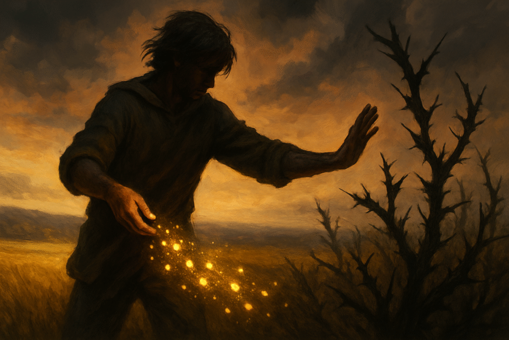 Uma imagem simbólica de uma pessoa em um campo. Com a mão direita, ela espalha sementes que brilham com uma luz dourada. Com a mão esquerda, ela se protege ou afasta ervas daninhas escuras e espinhosas. O visual transmite escolha e consequência.