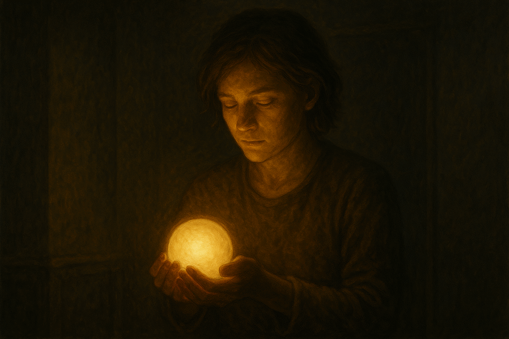 Uma pessoa em um quarto escuro, mas segurando nas mãos um pequeno orbe de luz brilhante. Essa pequena luz ilumina seu rosto com esperança e determinação, empurrando as sombras para trás. Simboliza o poder de um único bom hábito.