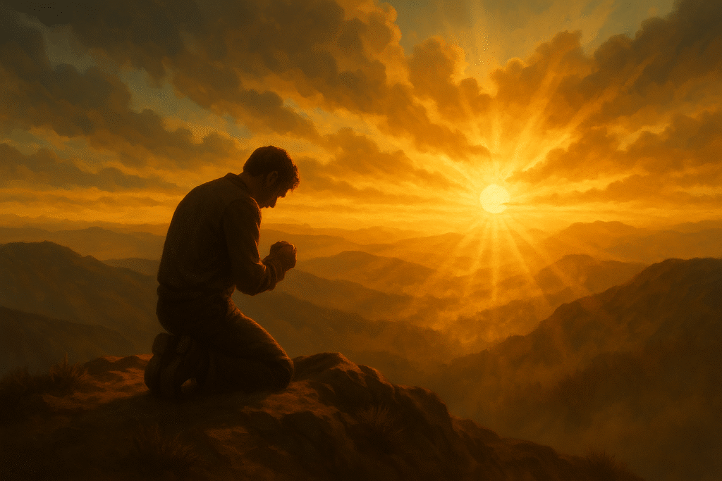cena que simbolize a busca por Deus e a renovação espiritual. Poderia ser uma pessoa ajoelhada em oração no topo de uma montanha, enquanto a luz do amanhecer rompe as nuvens, iluminando a pessoa. A ideia transmite rendição, entrega e conexão com o divino.