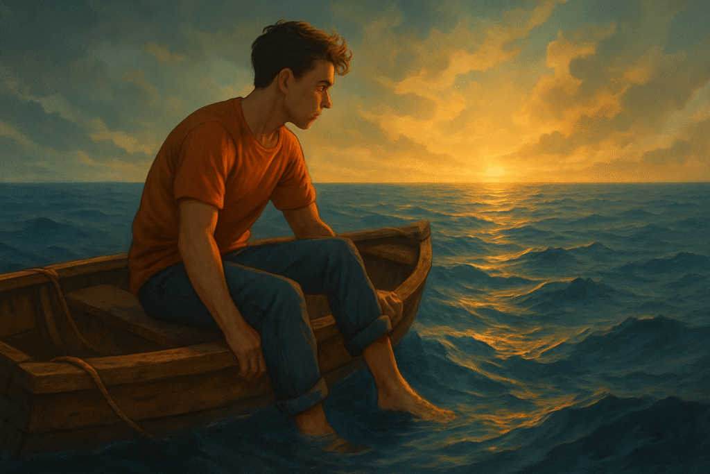 um jovem sentado em um barco em alto mar. O jovem está com seus pés mergulhados na água. Ele transmite a expressão de que quer se aprofundar naquele mar.